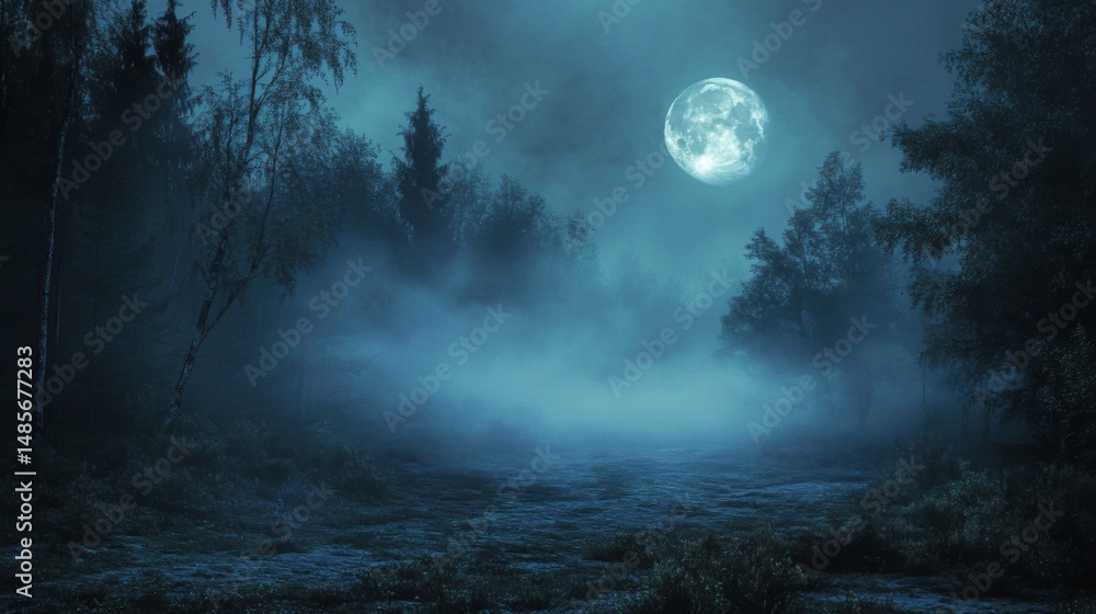 Naklejka premium Full Moon Over Foggy Blue Forest at Night