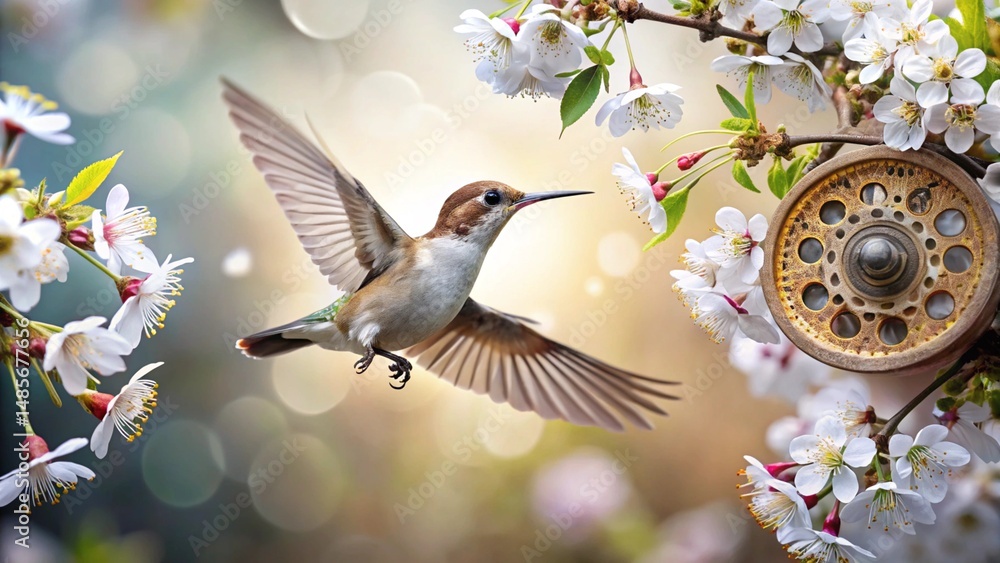 Fototapeta premium A ruby-throated hummingbird, a small bird with vibrant color, extends its beak towards a delicate flower in the wild garden, its wings a blur of flight in nature