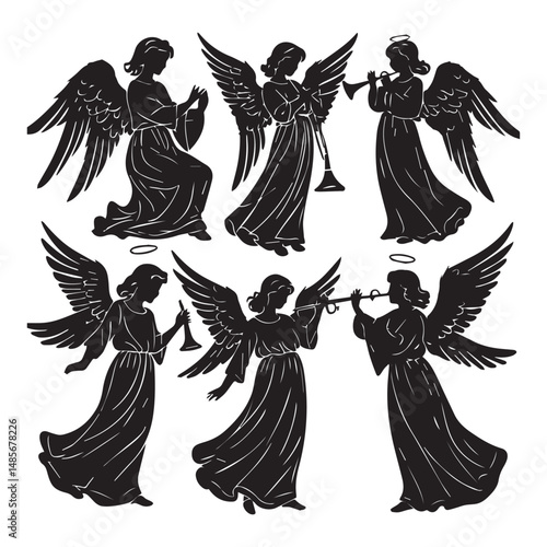 Set of black christmas angel silhouettes isolated on white background