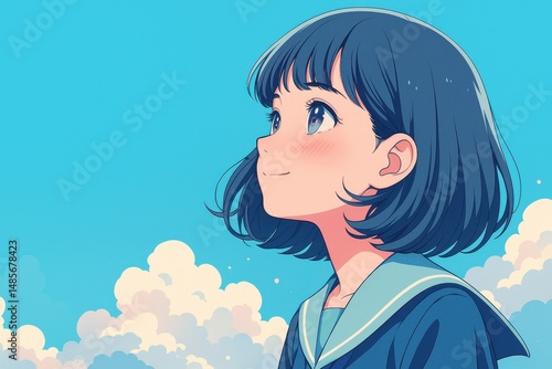 Anime style girl looking up to the sky