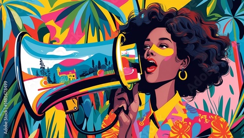 Vibrant megaphone artwork with captivating scenic background