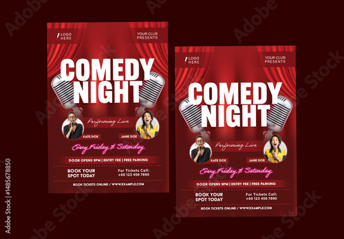 Comedy Night Editable Flyers with Female Stand-Up Performers in Red Color for Live Weekend Show.