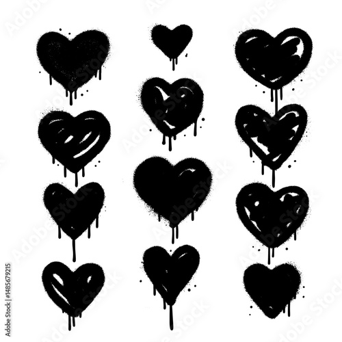 Set of Spray painted graffiti heart signs with filling in black over white. Hand drawn dirty grungy love symbols. Textured vector illustration.