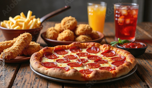 Delicious Pepperoni Pizza with Sides and Drinks on a Wooden Table
