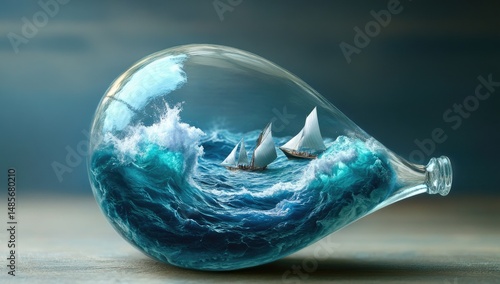 A miniature ship navigates turbulent seas within a glass sphere