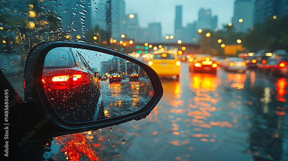 Raindrops on the car’s side mirror while the view behind shows flooded traffic Raindrops on the car’s side mirror while the view behind shows flooded traffic