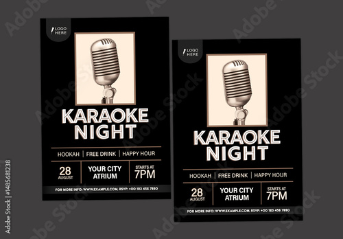 Karaoke Night Flyers with Vintage Microphone in Black Color for Event Promotion, Editable Design.