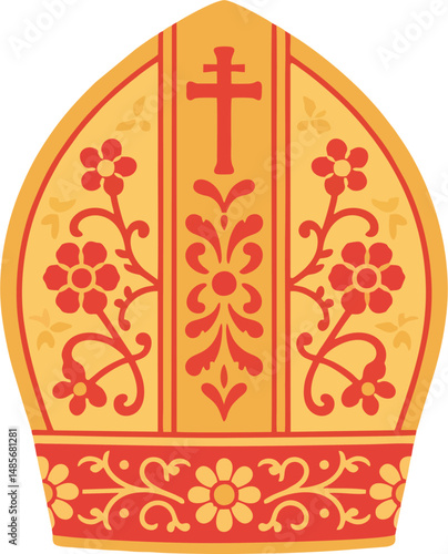 Flat Vector Illustration of Papal Mitre with Red Cross and Floral Ornament – Catholic Bishop Hat Clipart Isolated on White