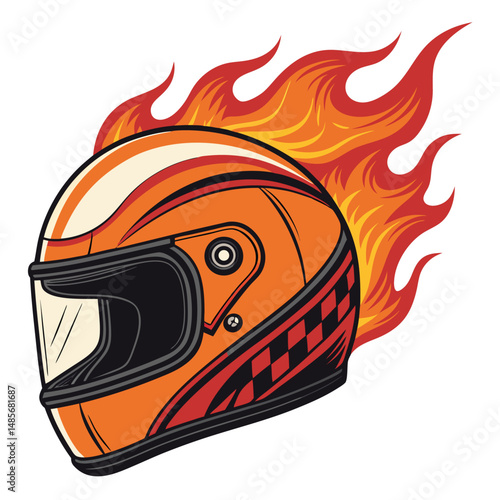Fiery racing helmet, SP (1) label, flames engulfing the sides, motorsport imagery.