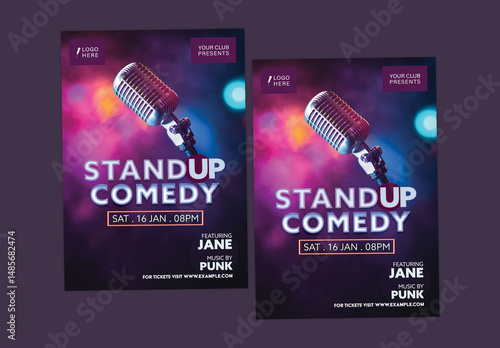 Stand-Up Comedy Night Flyers with Vintage Microphone for Club Event Promotion, Editable Design.