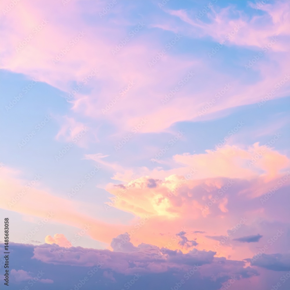 Naklejka premium A vibrant blue sky stretches overhead, dotted with fluffy white clouds that drift lazily, creating a serene and peaceful atmosphere.