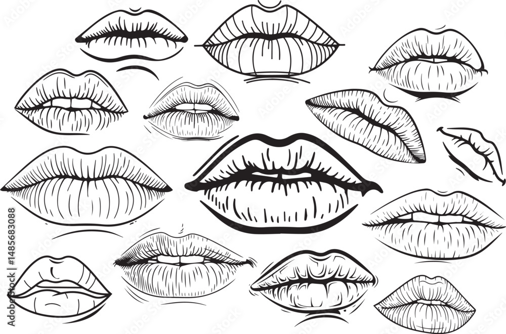 Black line art sketches of 14 different lips expressions. Stylized line art of lips with smoke,Black line art lips illustration on white background. Black line art sketches of 14 different lips expressions. Stylized line art of lips with smoke,Black line art lips illustration on white background.