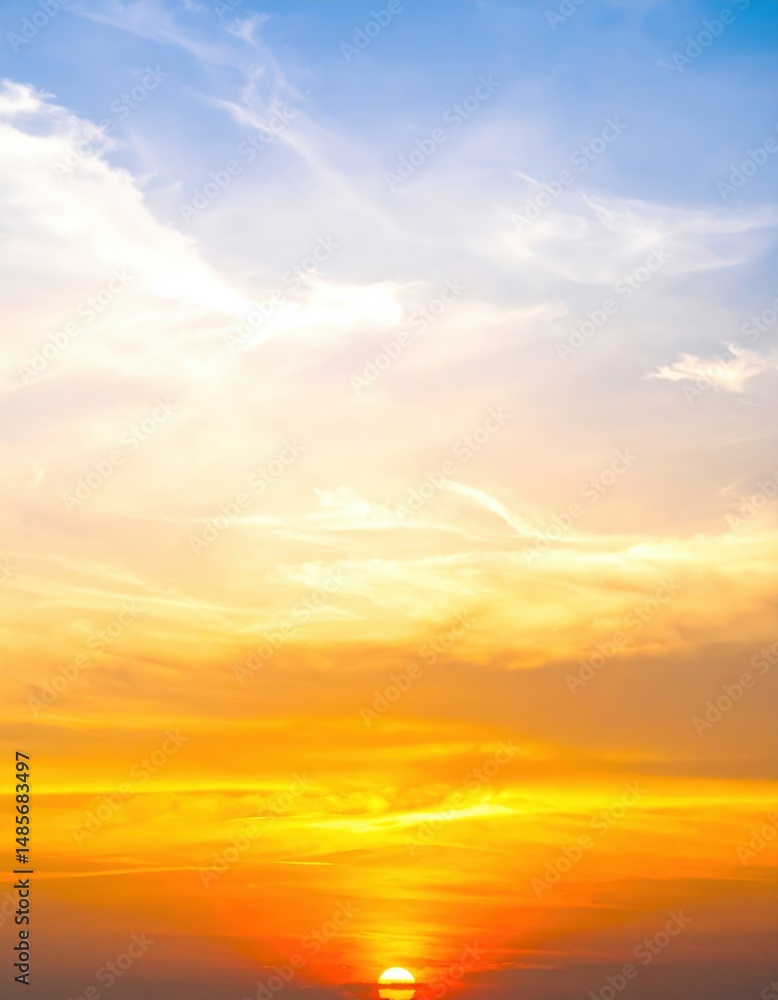 Fototapeta premium A vibrant sunset paints the sky in hues of orange, pink, and purple, as the sun dips below the horizon, casting a warm glow over the tranquil landscape.