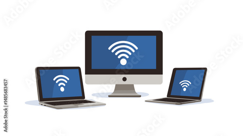 Wifi connection. devices with wi fi icon. Laptop, mobile phone, monitor, tv, tablet wi-fi connected with each other. Flat vector design