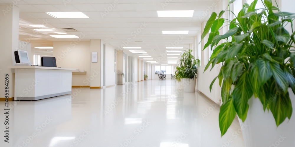 Fototapeta premium Clean, modern hospital corridor with plants