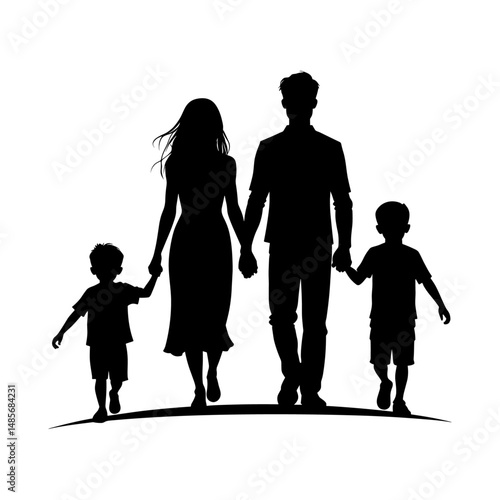 Illustration of a family silhouette of parents and two children holding hands and walking together, isolated on white background