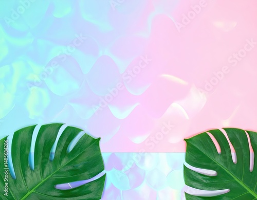 Two vibrant monster leaves with intricate patterns rest against a soft pink and blue gradient background, creating a striking and lively contrast.