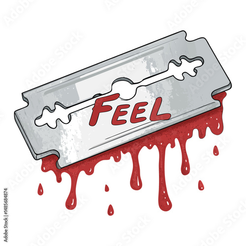 Create a dark, gritty image of a razor blade with the word "feel" dripping red paint onto it, suggesting a sense of pain and vulnerability.