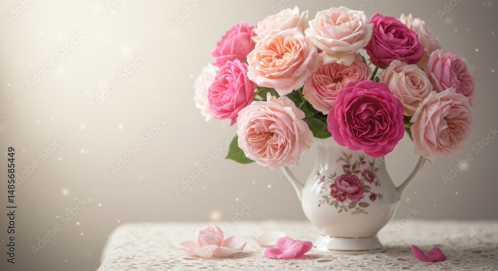 Roses bouquet representing beauty and elegance, in vase on table Roses bouquet representing beauty and elegance, in vase on table