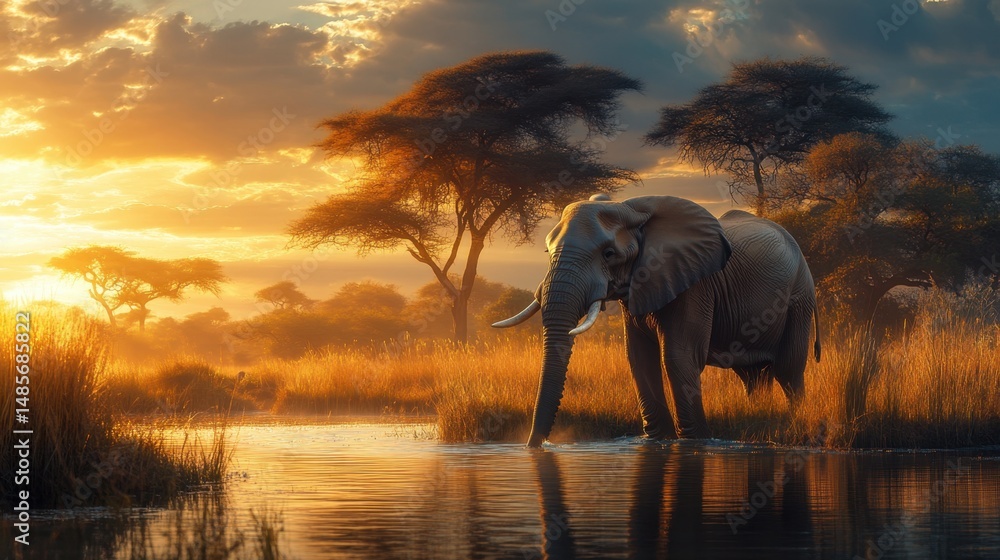 Fototapeta premium Elefante de pie en la sabana contra el atardecer.
