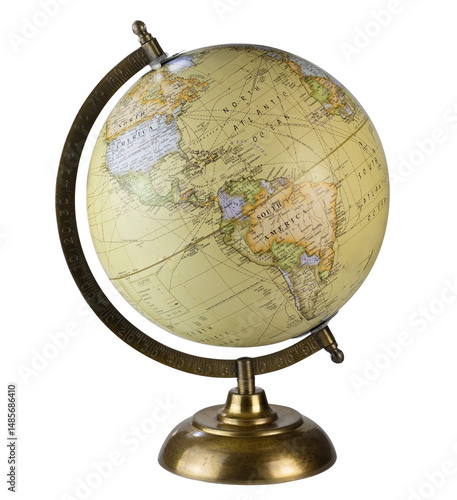 Yellow table globe showing world map or South America, the globes isolated clipping path on white background.