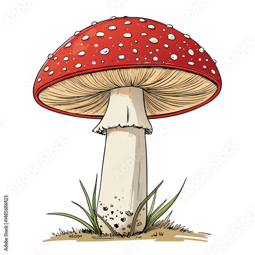 Render a highly detailed image of a single Amanita muscaria mushroom, showcasing its vibrant red cap speckled with pure white dots against a verdant forest floor.