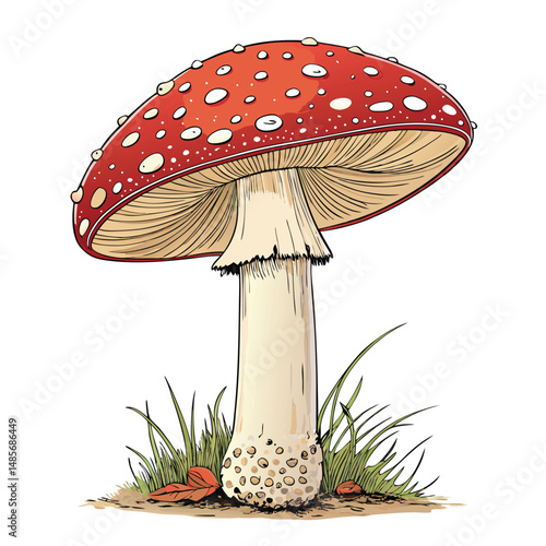 Create a photorealistic rendering of a single Amanita muscaria mushroom, showcasing its vibrant red cap, prominent white warts, and delicate white gills.  Focus on detail and texture.