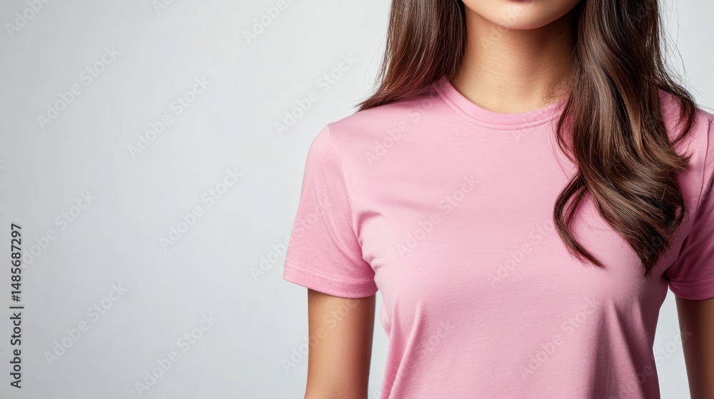Pink T-Shirt Mockup: A Woman's Soft Pink Crew Neck Tee on a Neutral Background. Perfect for Fashion, Branding, and Apparel Designs. Pink T-Shirt Mockup: A Woman's Soft Pink Crew Neck Tee on a Neutral Background. Perfect for Fashion, Branding, and Apparel Designs.