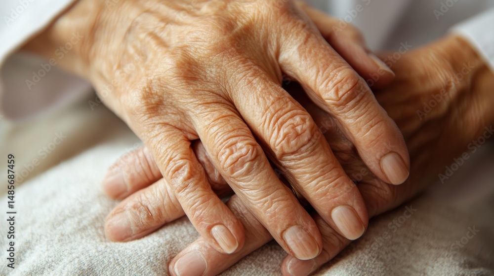 Fototapeta premium Close-up of elderly woman's hands resting gently on a soft surface. The image evokes feelings of age, wisdom, and serenity. Warm, earthy tones dominate.
