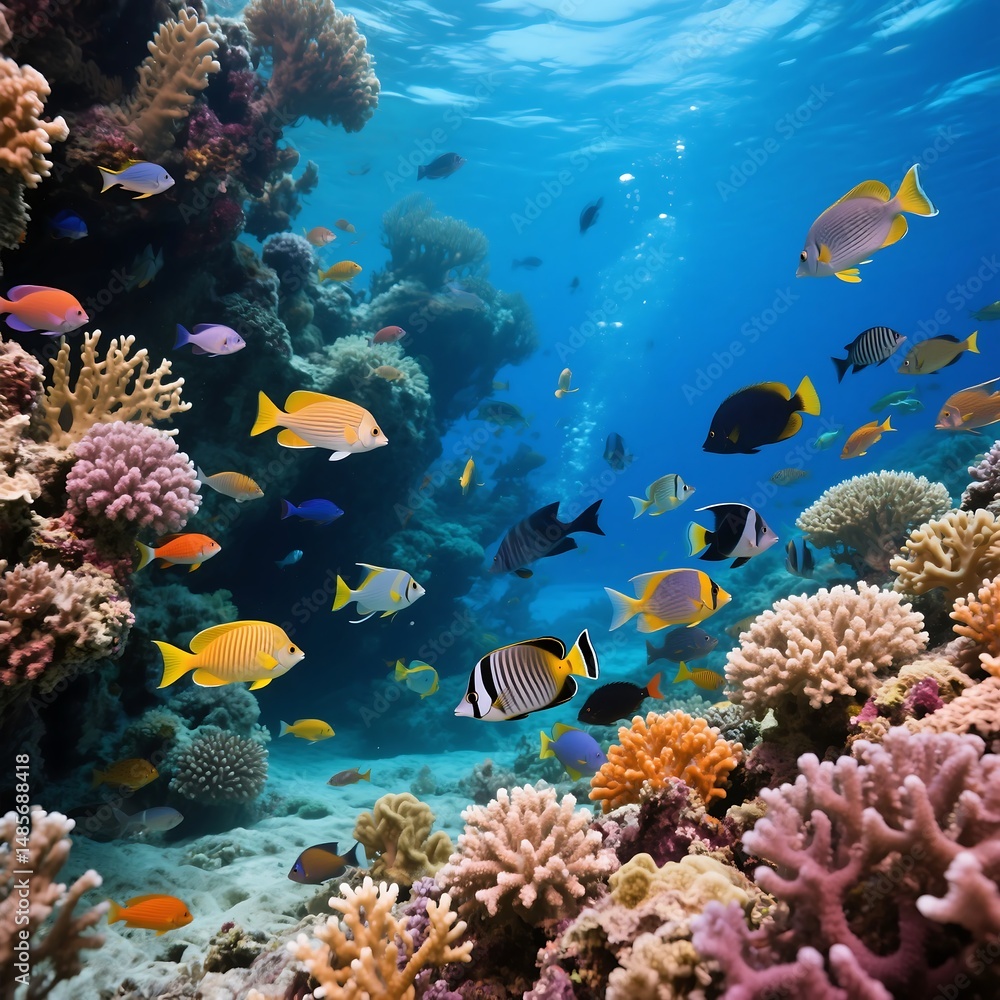 Naklejka premium Vibrant Coral Reef Ecosystem Underwater Wonders of Colorful Fish and Marine Life