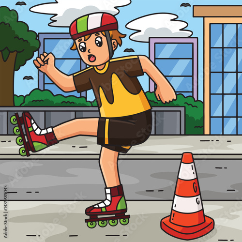 Inline Skater Avoiding Traffic Cone Colored 