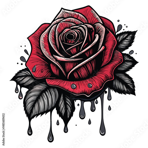 A crimson rose with melting, decaying petals, enveloped by a dark, ominous aura; hyperrealistic, dramatic lighting.