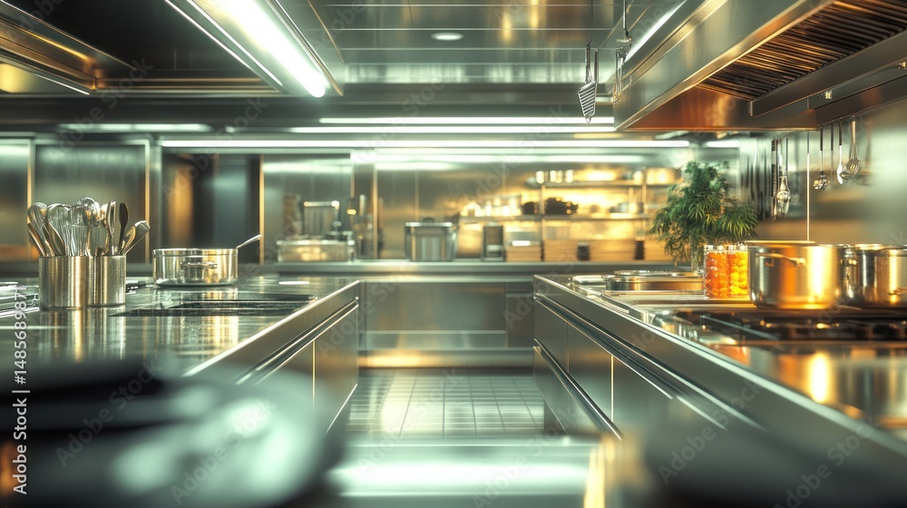 Modern stainless steel commercial kitchen interior, bright lights, and equipment. Use Stock photo Modern stainless steel commercial kitchen interior, bright lights, and equipment. Use Stock photo