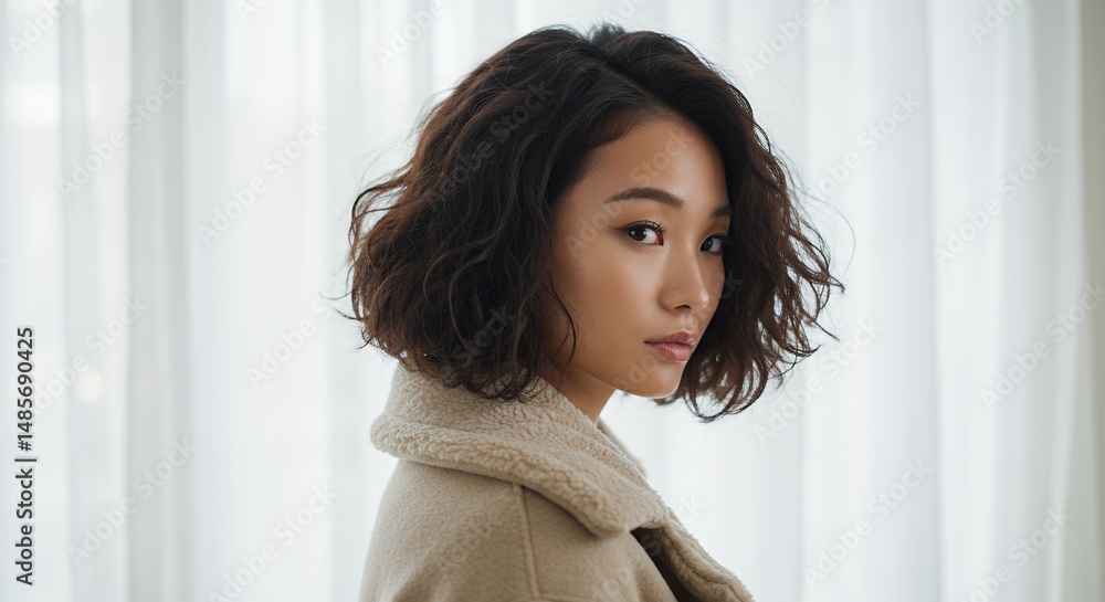 Woman Portrait with Curly Hair, Wearing a Beige Jacket Woman Portrait with Curly Hair, Wearing a Beige Jacket