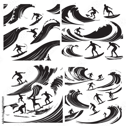 set of black various SURFER vector silhouettes collection