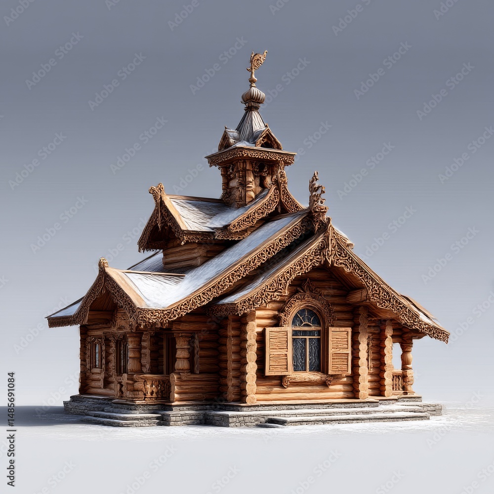 Intricate Wooden Church Architecture with Ornate Carvings, showcasing Russian Style and a touch of winter magic. Intricate Wooden Church Architecture with Ornate Carvings, showcasing Russian Style and a touch of winter magic.