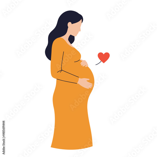 Pregnant woman in yellow dress holding her belly with heart symbol  