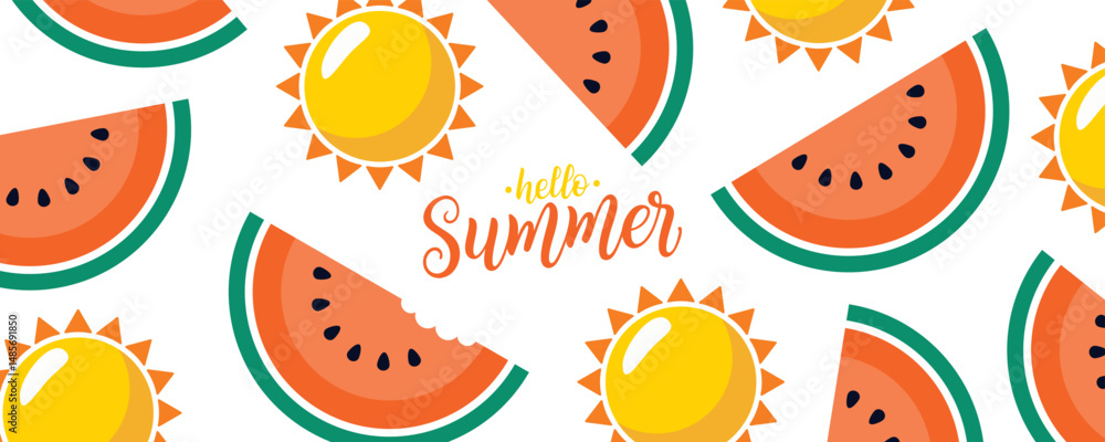 Hello Summer banner. Summertime background with hand lettering, watermelon slice and summer sun for Summer season creative graphic design. Vector illustration. Hello Summer banner. Summertime background with hand lettering, watermelon slice and summer sun for Summer season creative graphic design. Vector illustration.