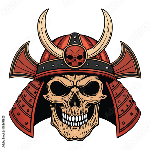 A weathered samurai skull, partially obscured by a cracked Kabuto helmet, with prominent tusks protruding, set against a dark, moody background.