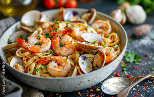 Delicious linguine with fresh clams and shrimp, seasoned with herbs. A flavorful seafood pasta dish.