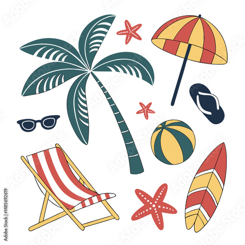 Tropical summer beach icons set features sun, umbrella, palm, and sea for a perfect vacation illustration