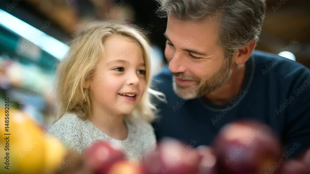A father and daughter select fresh apples together in a well-lit supermarket. A father and daughter select fresh apples together in a well-lit supermarket.