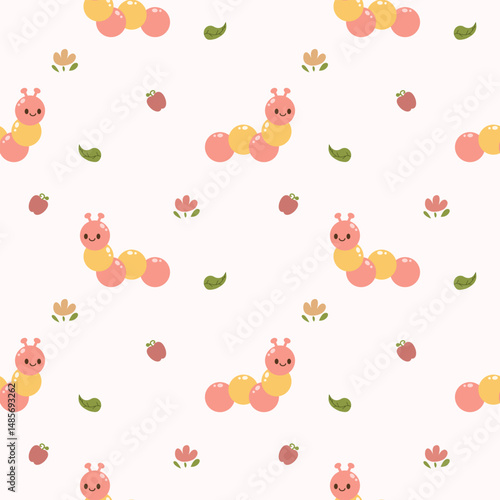 Worm cartoon so cute. On apple leaf flower background. Pattern seamless vector illustration. 
