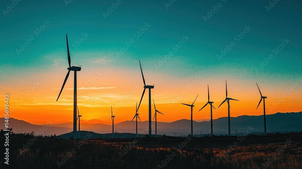 Fototapeta premium Silhouette wind turbines at sunset over rolling hills.