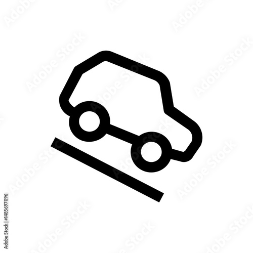 Illustration of a black car outline driving downhill on a road depicted with a single line symbol style
