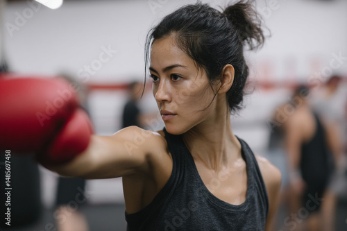 Free Download Asian female athlete boxing glove focused training gym strength determination sweat - GFXLoad