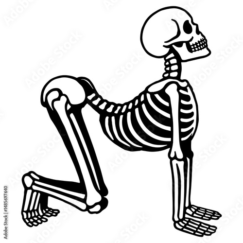 Skeleton balancing in Tree Pose. Funny yoga illustration with bones and Halloween flair.