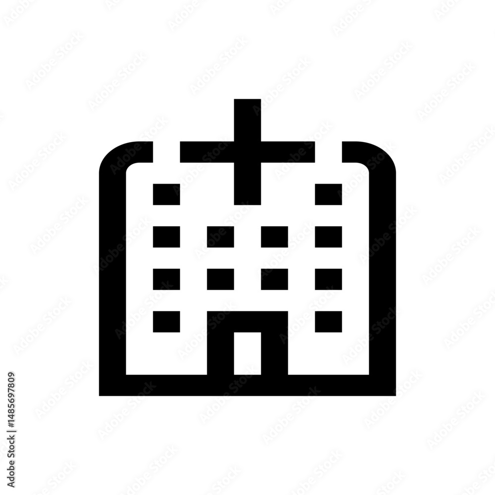 Illustration of a hospital building with multiple windows and a cross on top in a minimalist black design Illustration of a hospital building with multiple windows and a cross on top in a minimalist black design