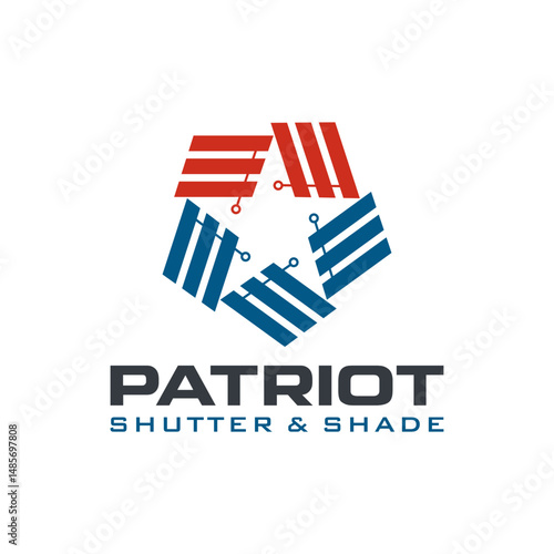 Modern shutter and shade logo with patriotic colors and hexagonal design, symbolizing strength, privacy, and precision. Ideal for American window coverings, home decor, and manufacturing brands.