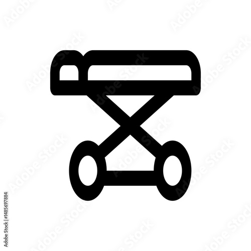 Illustration of a black hospital gurney with wheels and an adjustable height mechanism on a white background